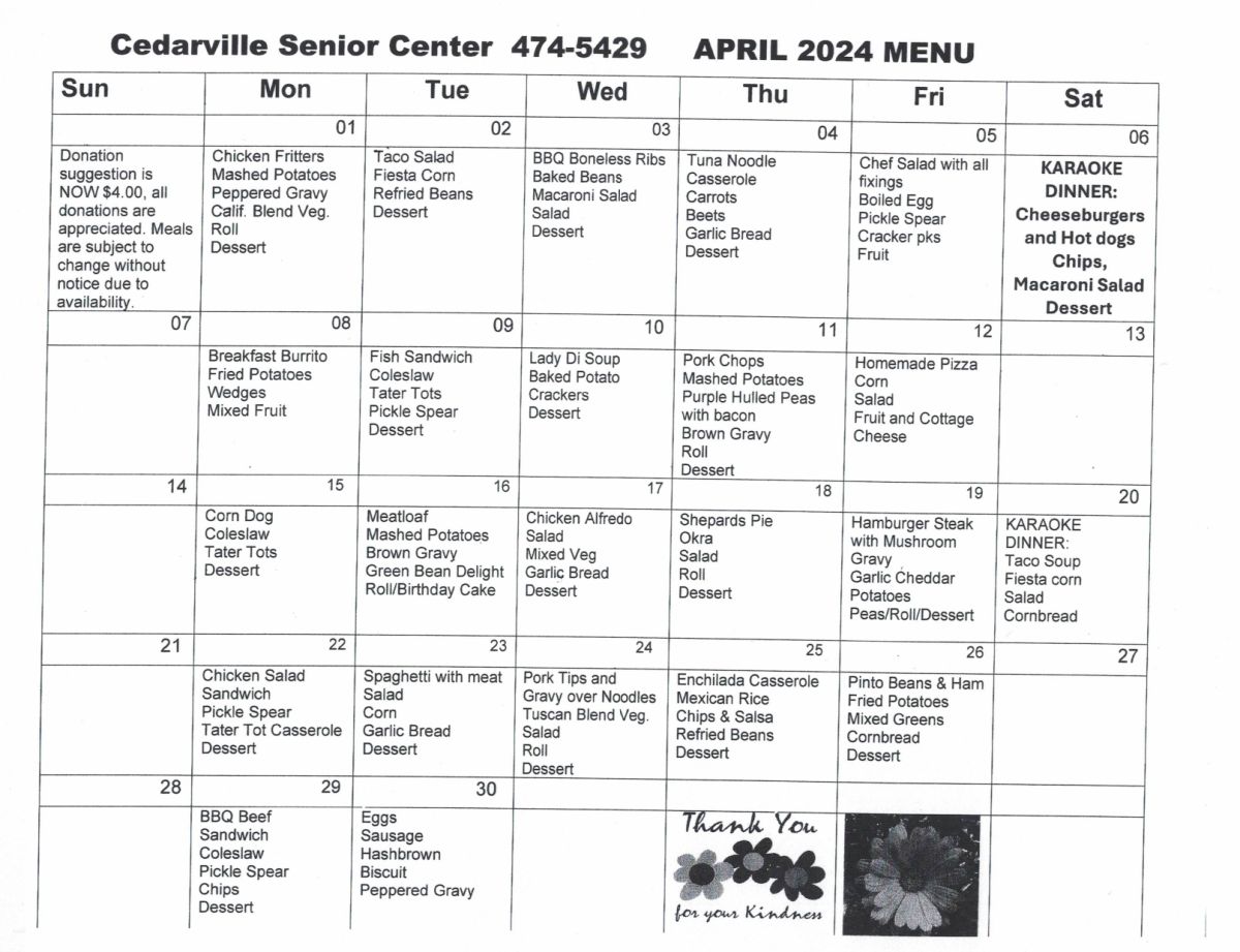 April 2024 Senior Center Menu