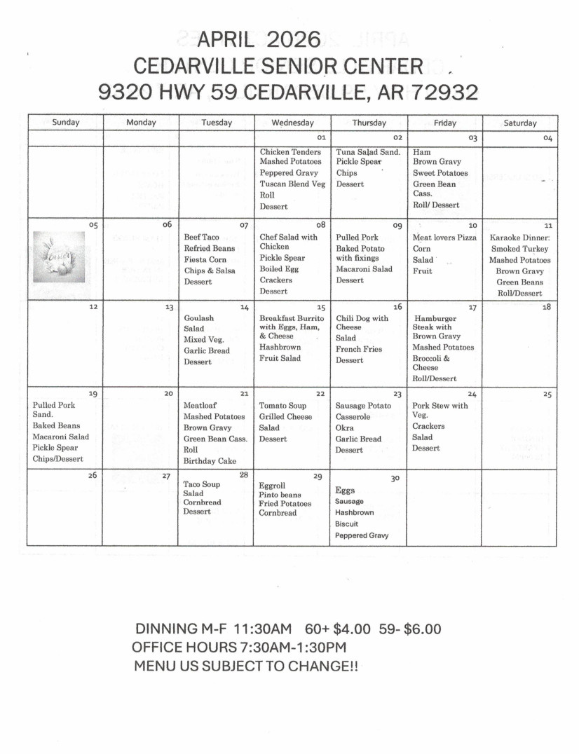 April 2026 Senior Citizen Center Menu