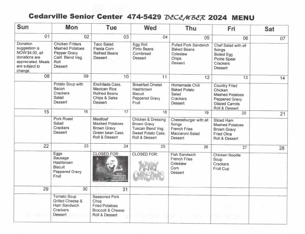 December 2024 Senior Center Menu