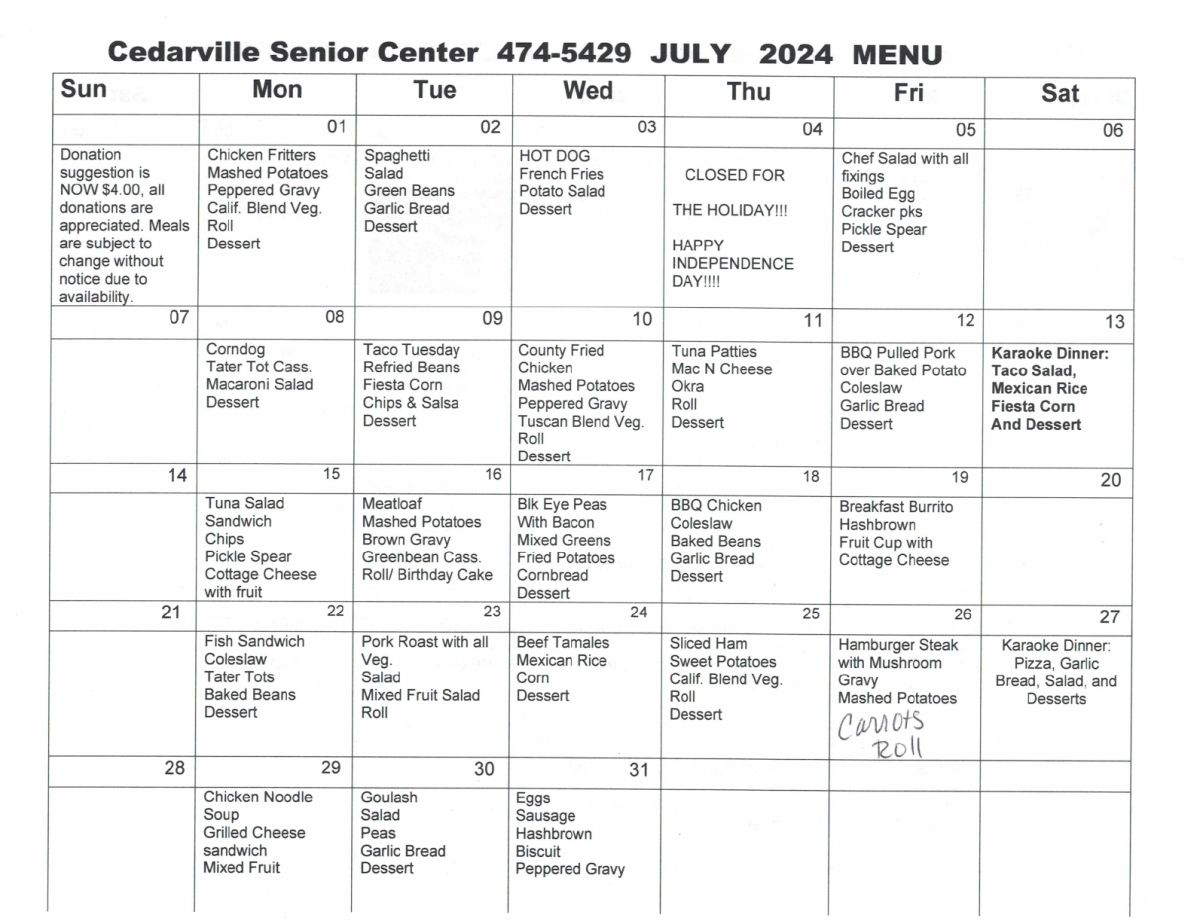 July 2024 Senior Center Menu
